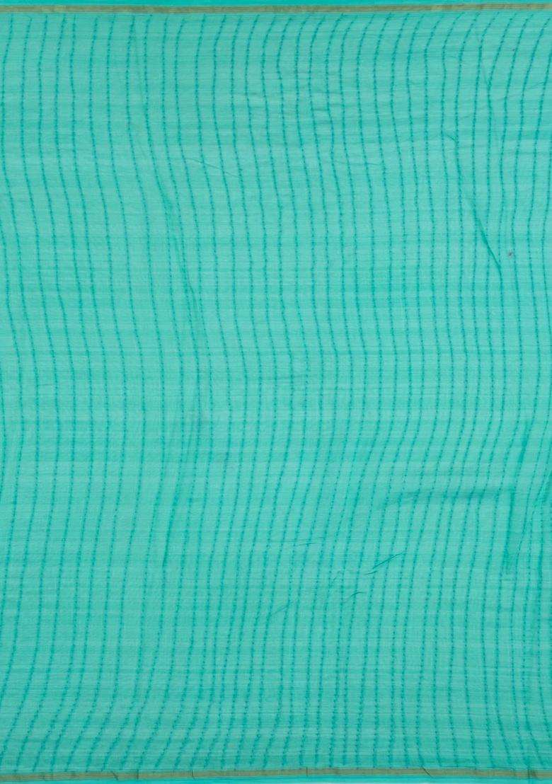 Turquoise Printed Chanderi Cotton Saree With Floral Motifs For Women - Indya