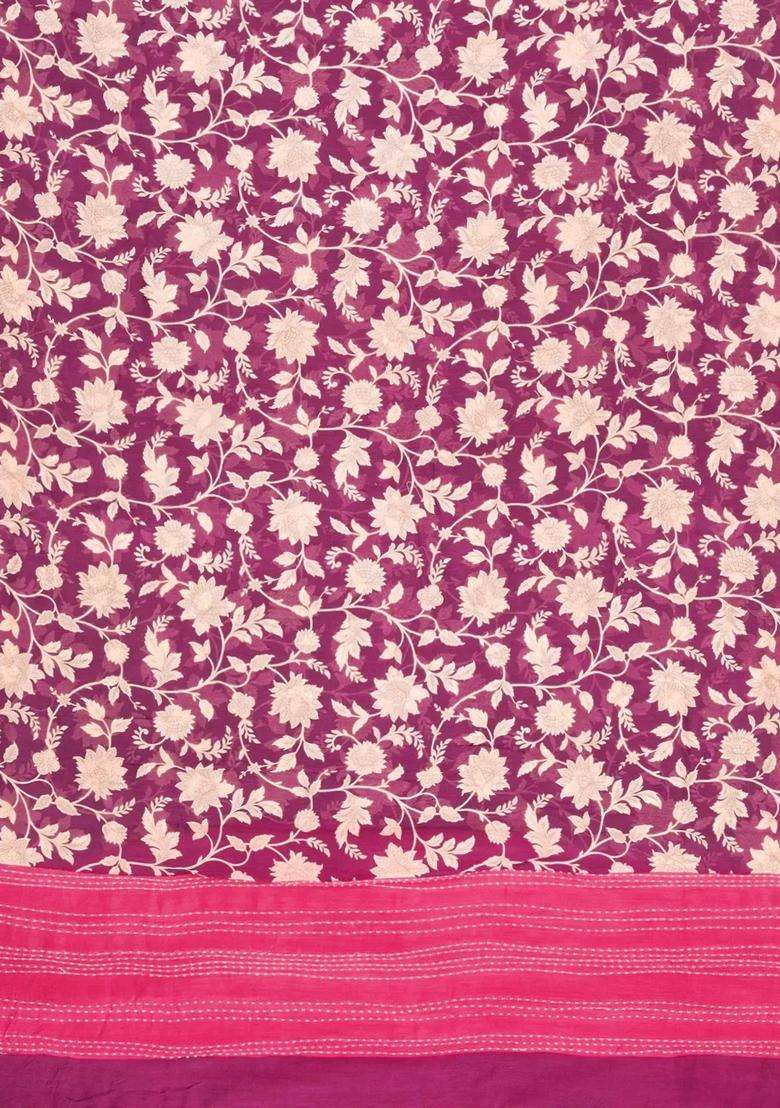 Burgundy Printed Chanderi Cotton Saree With Floral Motifs For Women - Indya
