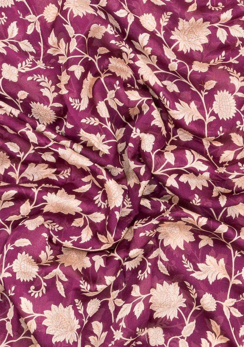 Burgundy Printed Chanderi Cotton Saree With Floral Motifs For Women - Indya