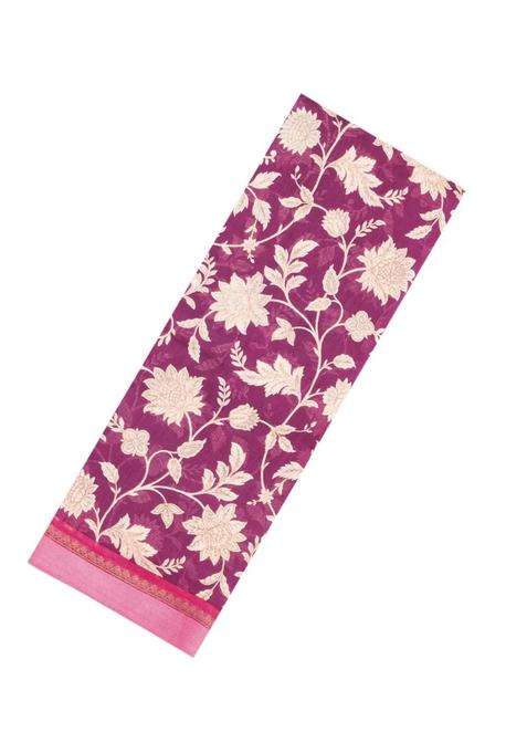 Burgundy Printed Chanderi Cotton Saree With Floral Motifs For Women
