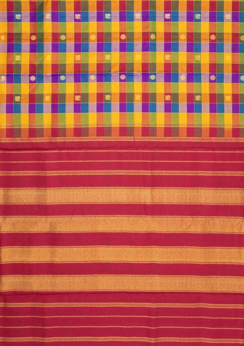 Multi Color Handloom Kanchipuram 9 Yards Silk Saree With Checks Buttas With Buttas And Brocade Design For Women - Indya