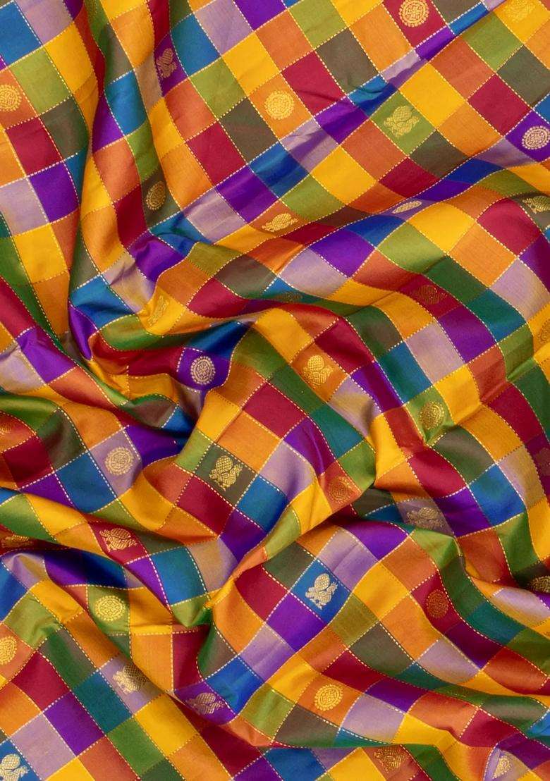 Multi Color Handloom Kanchipuram 9 Yards Silk Saree With Checks Buttas With Buttas And Brocade Design For Women - Indya