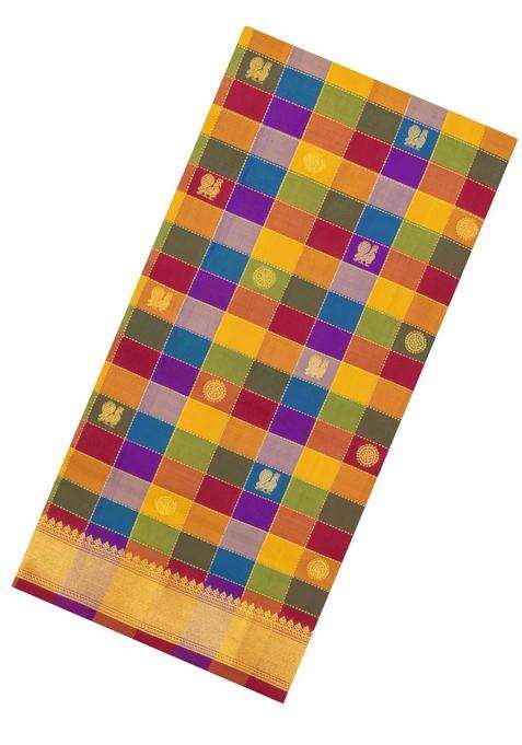 Multi Color Handloom Kanchipuram 9 Yards Silk Saree With Checks Buttas With Buttas And Brocade Design For Women