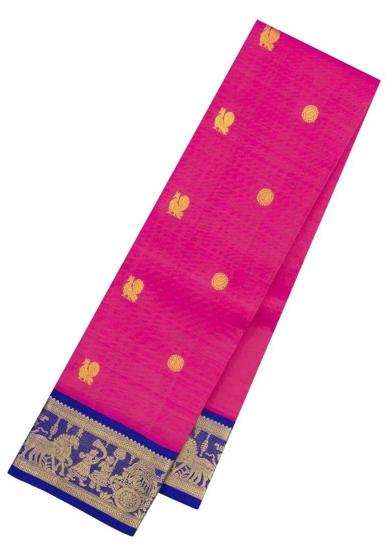 Hot Pink Handloom Korvai Kanchipuram Silk Saree With Buttas With Korvai And Temple Border Design For Women - Indya