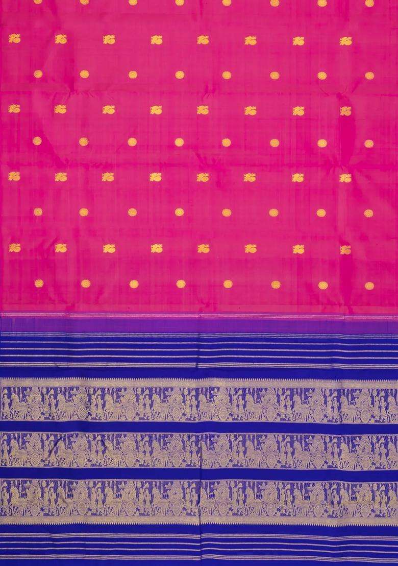 Hot Pink Handloom Korvai Kanchipuram Silk Saree With Buttas With Korvai And Temple Border Design For Women - Indya