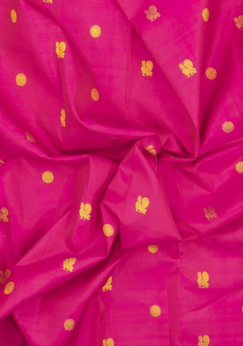 Hot Pink Handloom Korvai Kanchipuram Silk Saree With Buttas With Korvai And Temple Border Design For Women - Indya