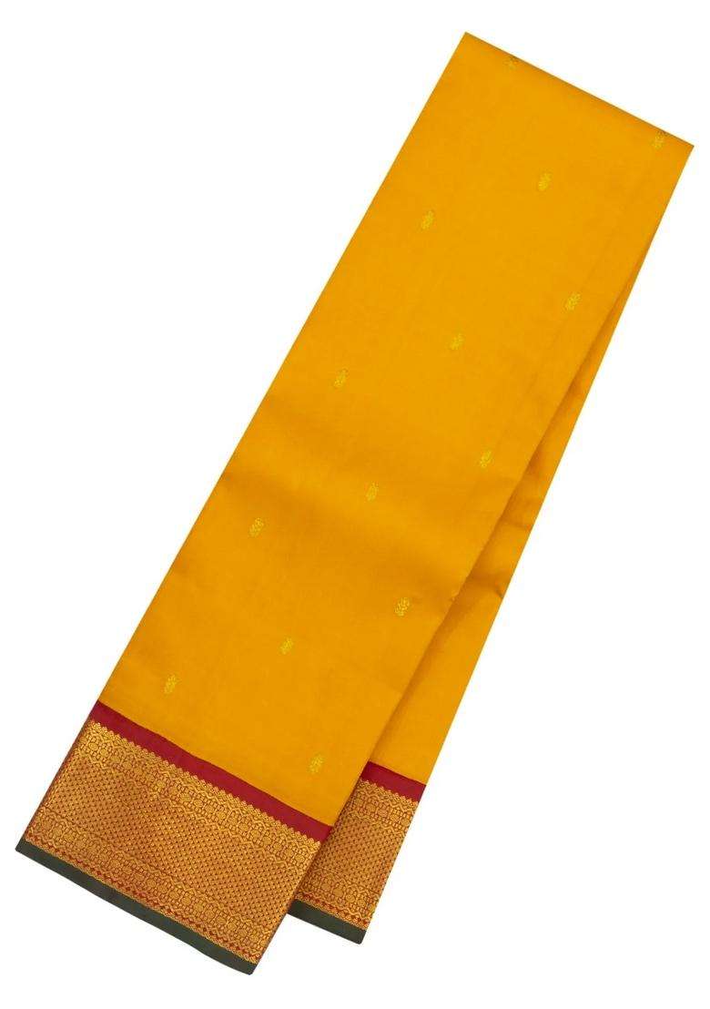 Mustard Handloom Korvai Kanchipuram Silk Saree With Buttas With Korvai And Temple Border Design For Women - Indya