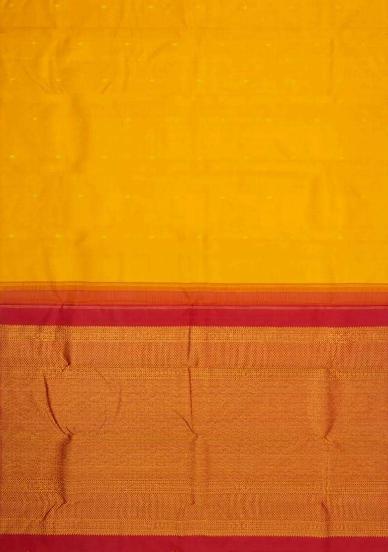 Mustard Handloom Korvai Kanchipuram Silk Saree With Buttas With Korvai And Temple Border Design For Women - Indya