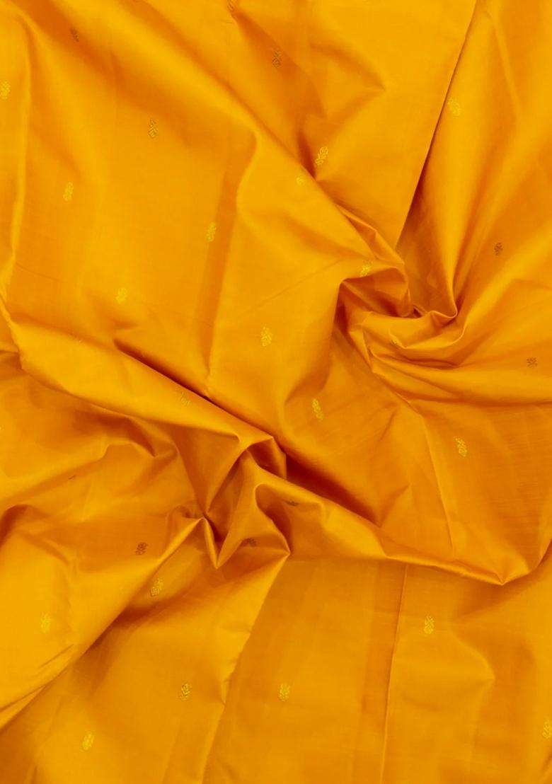 Mustard Handloom Korvai Kanchipuram Silk Saree With Buttas With Korvai And Temple Border Design For Women - Indya