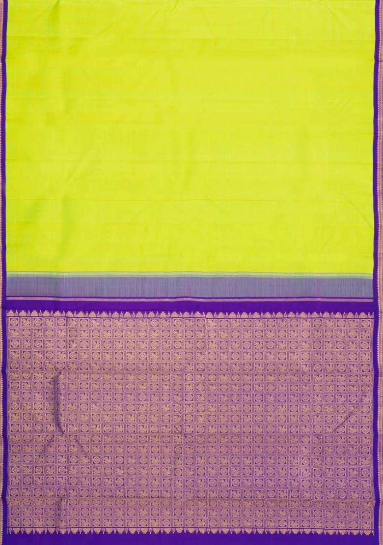 Neon Green Handloom Korvai Kanchipuram Silk Saree With Contrast Border With Korvai And Temple Border Design For Women - Indya