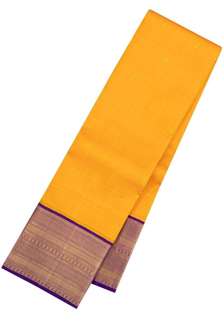 Mango Yellow Handloom Korvai Kanchipuram Silk Saree With Buttas With Korvai And Temple Border Design For Women - Indya