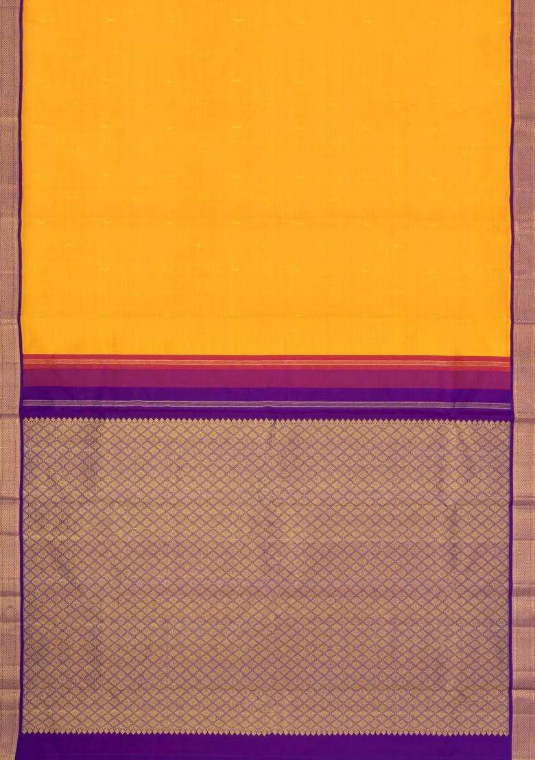 Mango Yellow Handloom Korvai Kanchipuram Silk Saree With Buttas With Korvai And Temple Border Design For Women - Indya