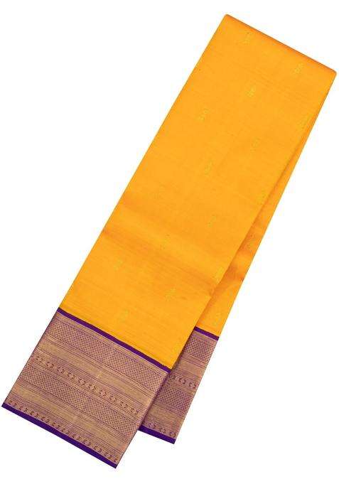 Mango Yellow Handloom Korvai Kanchipuram Silk Saree With Buttas With Korvai And Temple Border Design For Women