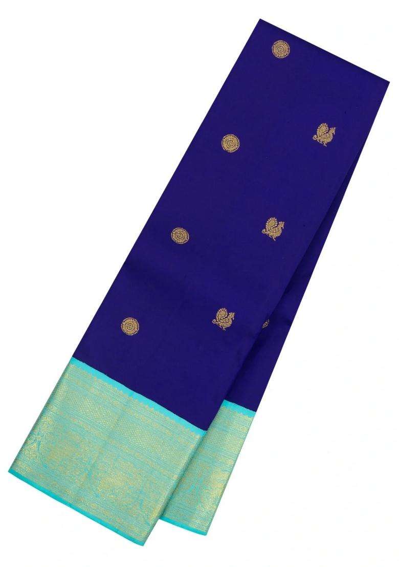 Dark Blue Handloom Korvai Kanchipuram Silk Saree With Buttas With Korvai And Temple Border Design For Women - Indya