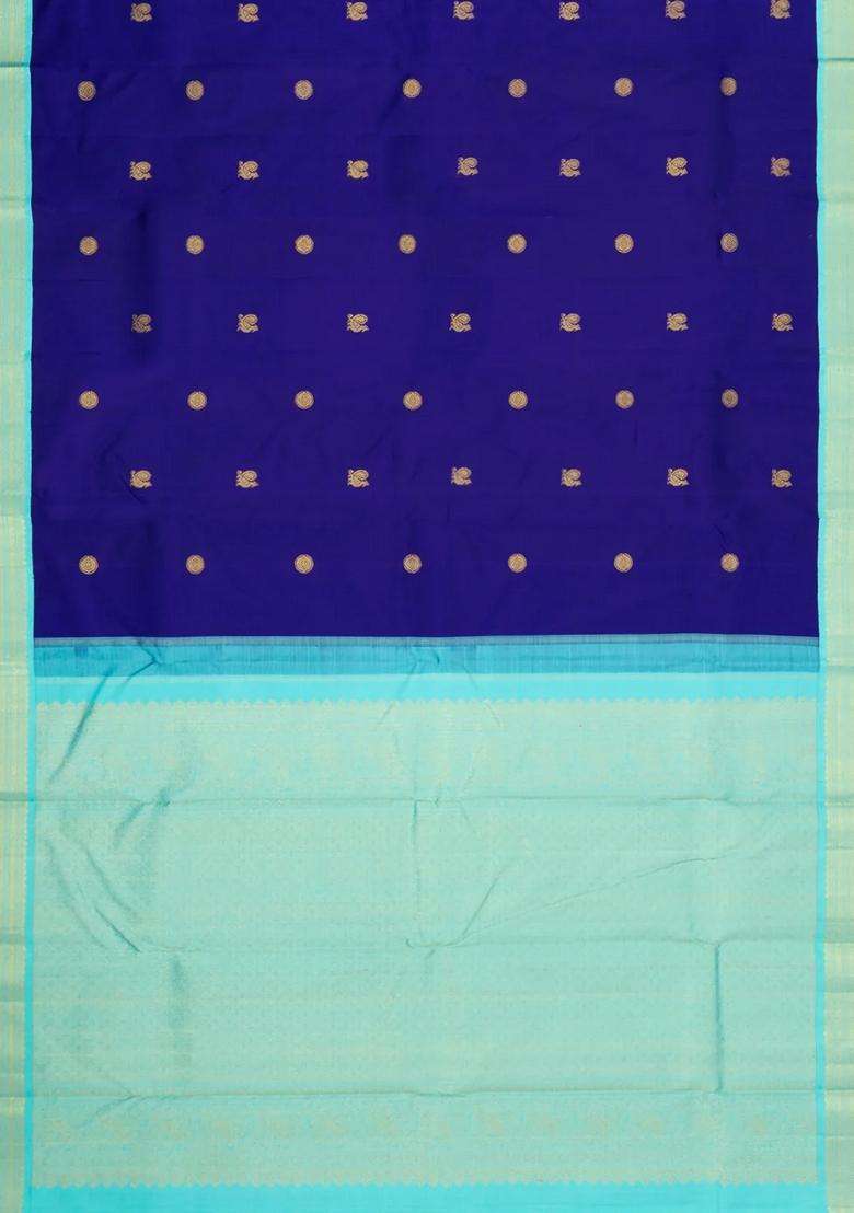 Dark Blue Handloom Korvai Kanchipuram Silk Saree With Buttas With Korvai And Temple Border Design For Women - Indya