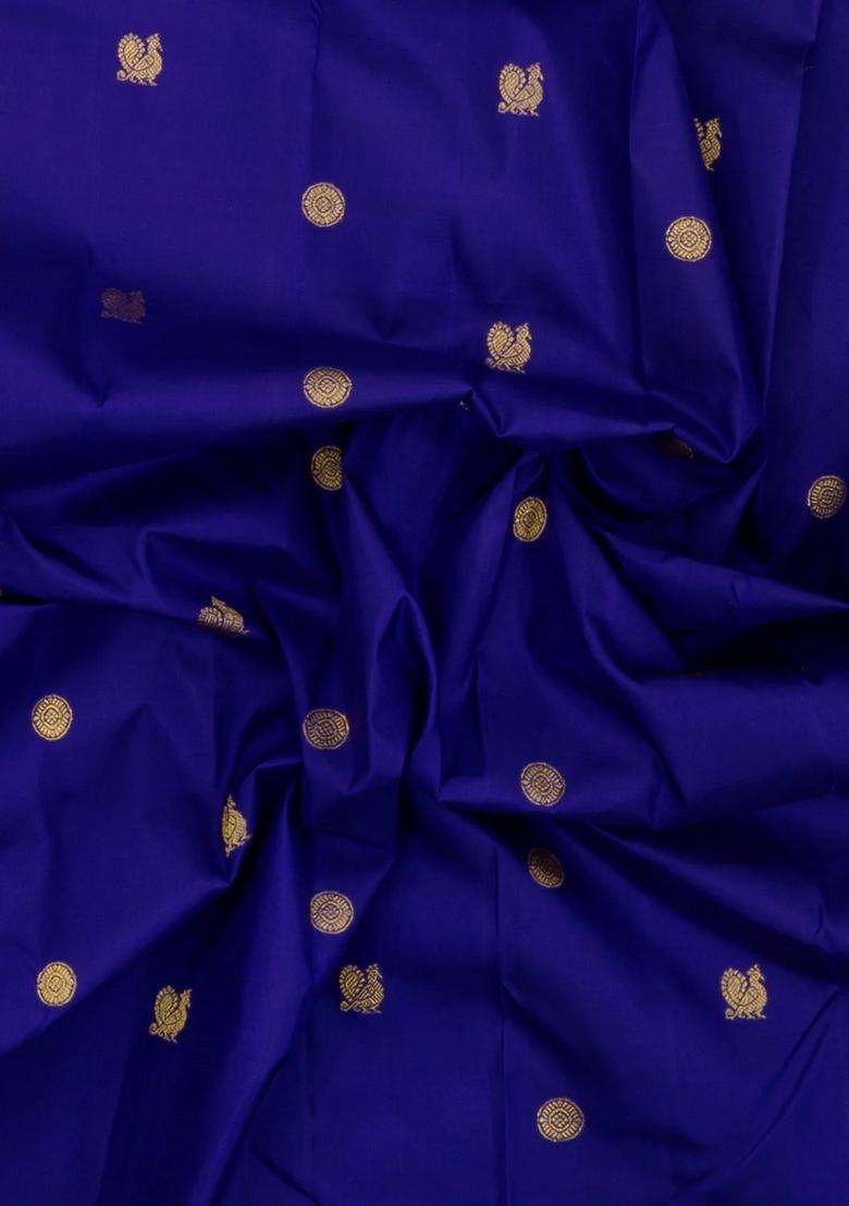 Dark Blue Handloom Korvai Kanchipuram Silk Saree With Buttas With Korvai And Temple Border Design For Women - Indya