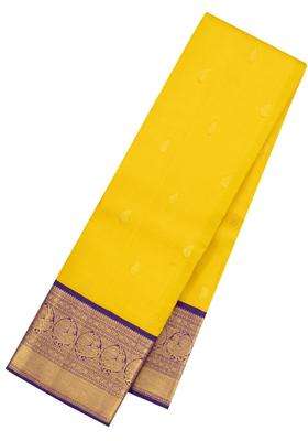 Lime Yellow Lemon Yellow Handloom Korvai Kanchipuram Silk Saree With Buttas With Korvai And Temple Border Design For Women