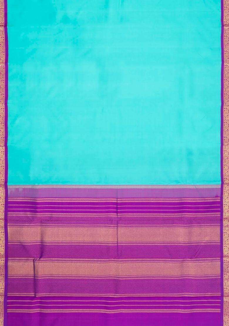 Turquoise Handloom Korvai Kanchipuram Silk Saree With Contrast Border With Korvai And Temple Border Design For Women - Indya