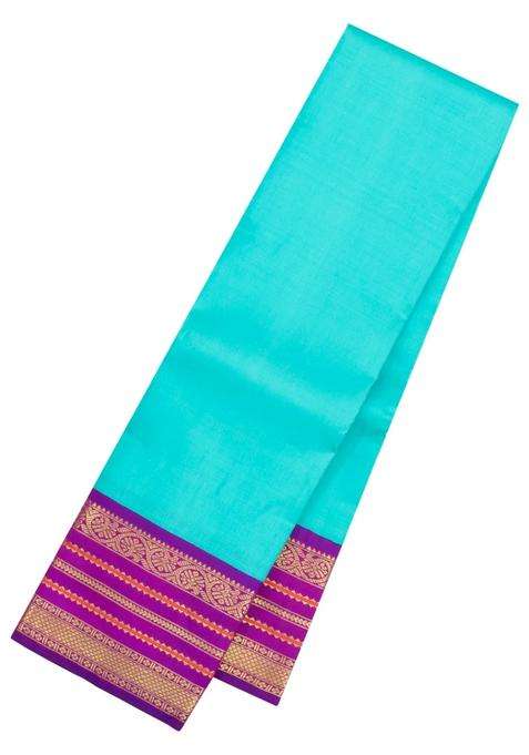 Turquoise Handloom Korvai Kanchipuram Silk Saree With Contrast Border With Korvai And Temple Border Design For Women