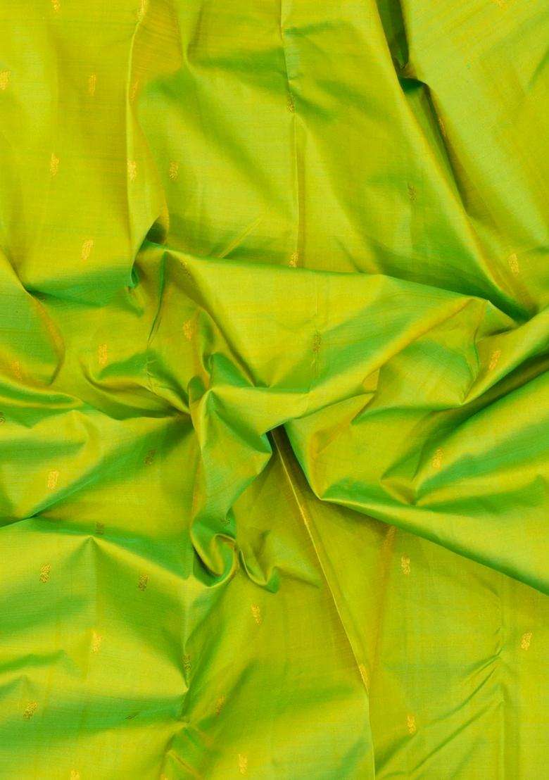 Neon Green Handloom Korvai Kanchipuram Silk Saree With Buttas With Korvai And Temple Border Design For Women - Indya