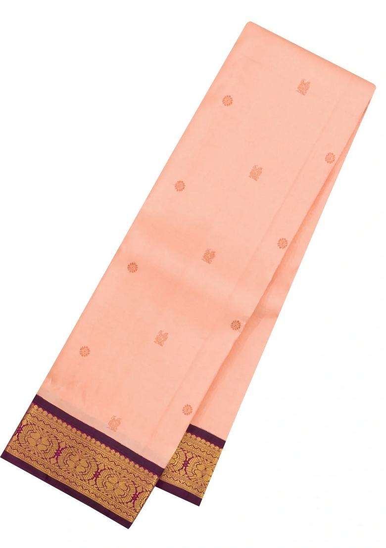 Light Peach Handloom Korvai Kanchipuram Silk Saree With Buttas With Korvai And Temple Border Design For Women - Indya