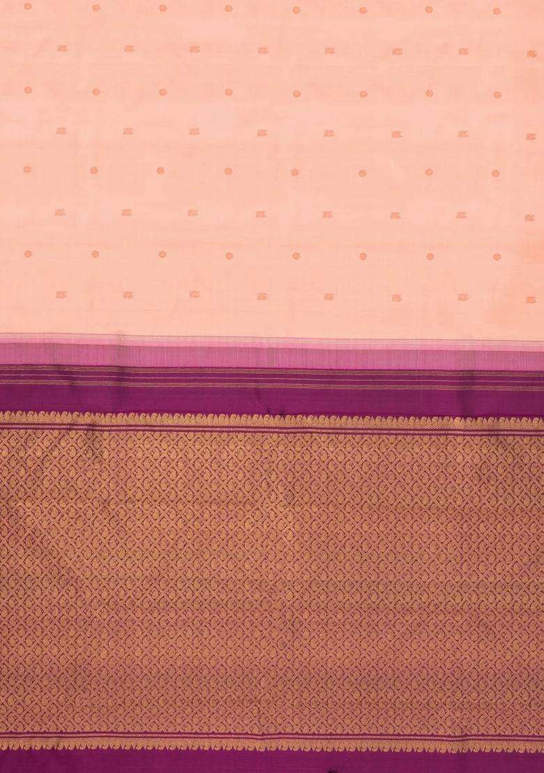 Light Peach Handloom Korvai Kanchipuram Silk Saree With Buttas With Korvai And Temple Border Design For Women - Indya