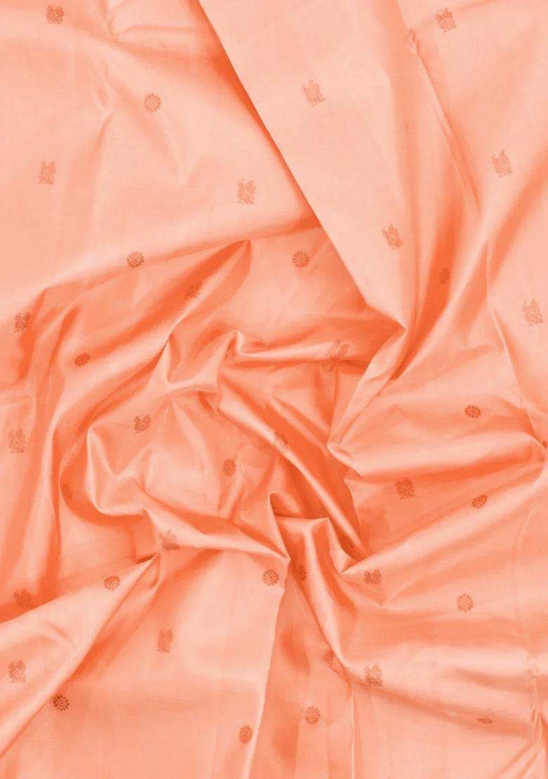Light Peach Handloom Korvai Kanchipuram Silk Saree With Buttas With Korvai And Temple Border Design For Women - Indya