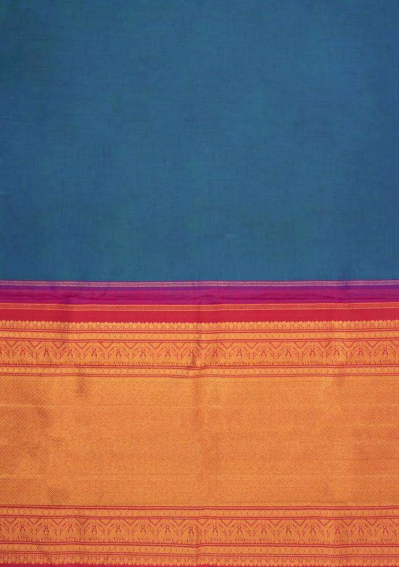 Dark Blue Handloom Kanchipuram Silk Saree With Contrast Border With Traditional Woven Design For Women - Indya