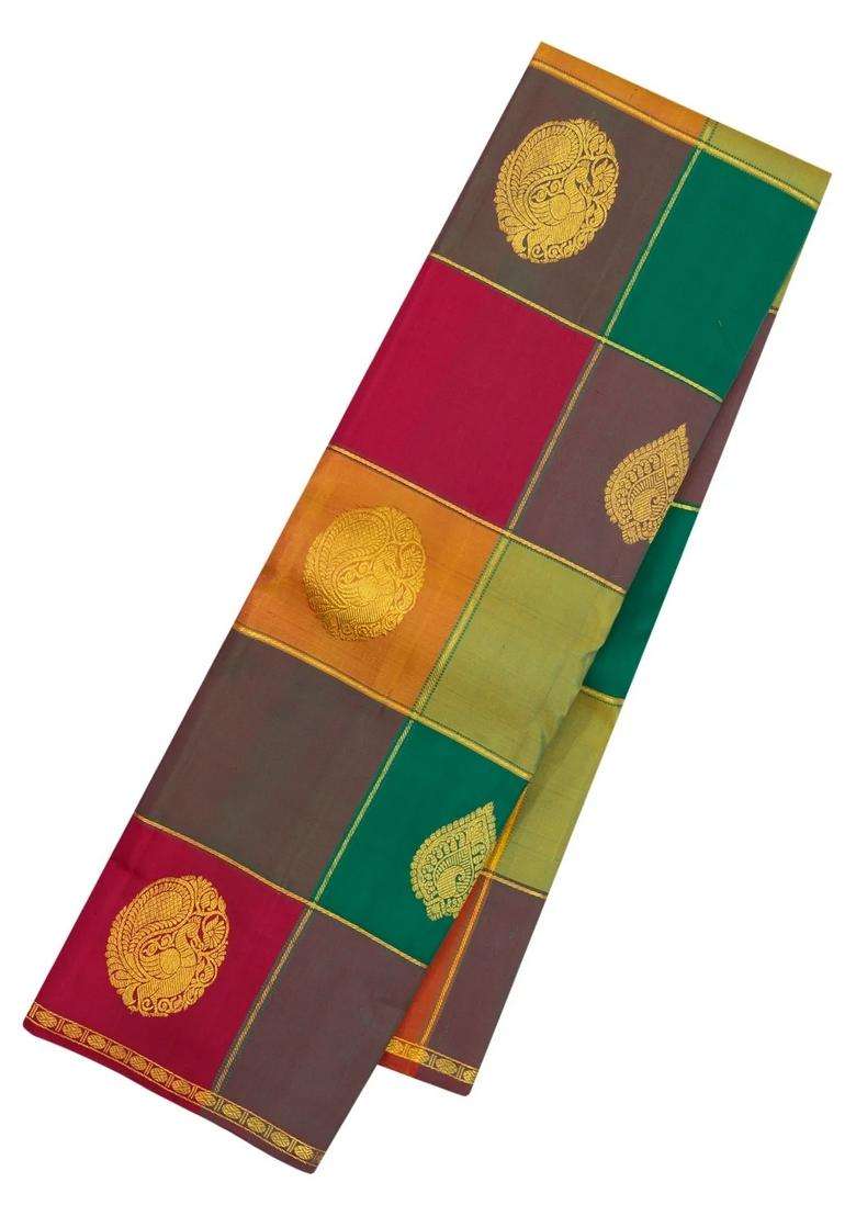 Multi Colour Handloom Kanchipuram Silk Saree With Checks Buttas With Buttas And Brocade Design For Women - Indya
