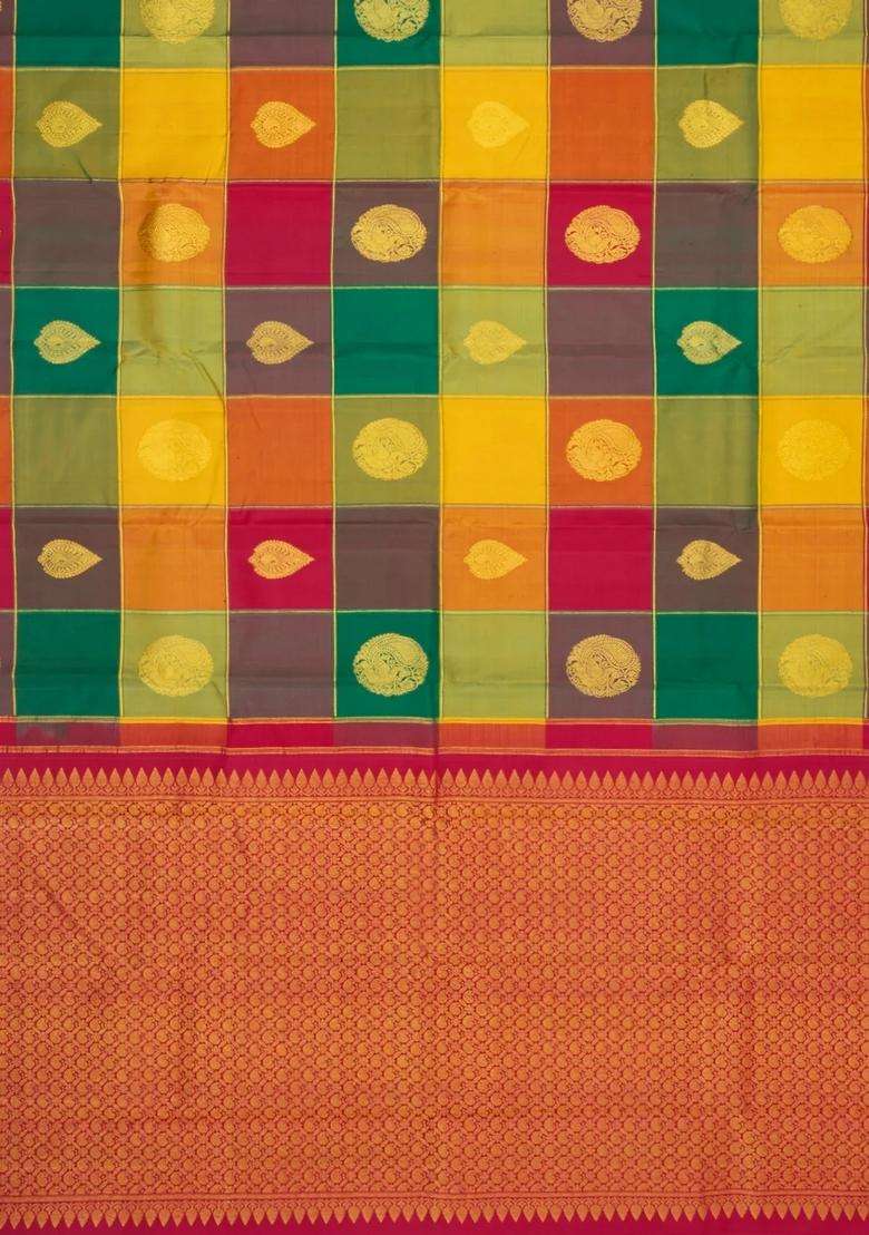 Multi Colour Handloom Kanchipuram Silk Saree With Checks Buttas With Buttas And Brocade Design For Women - Indya