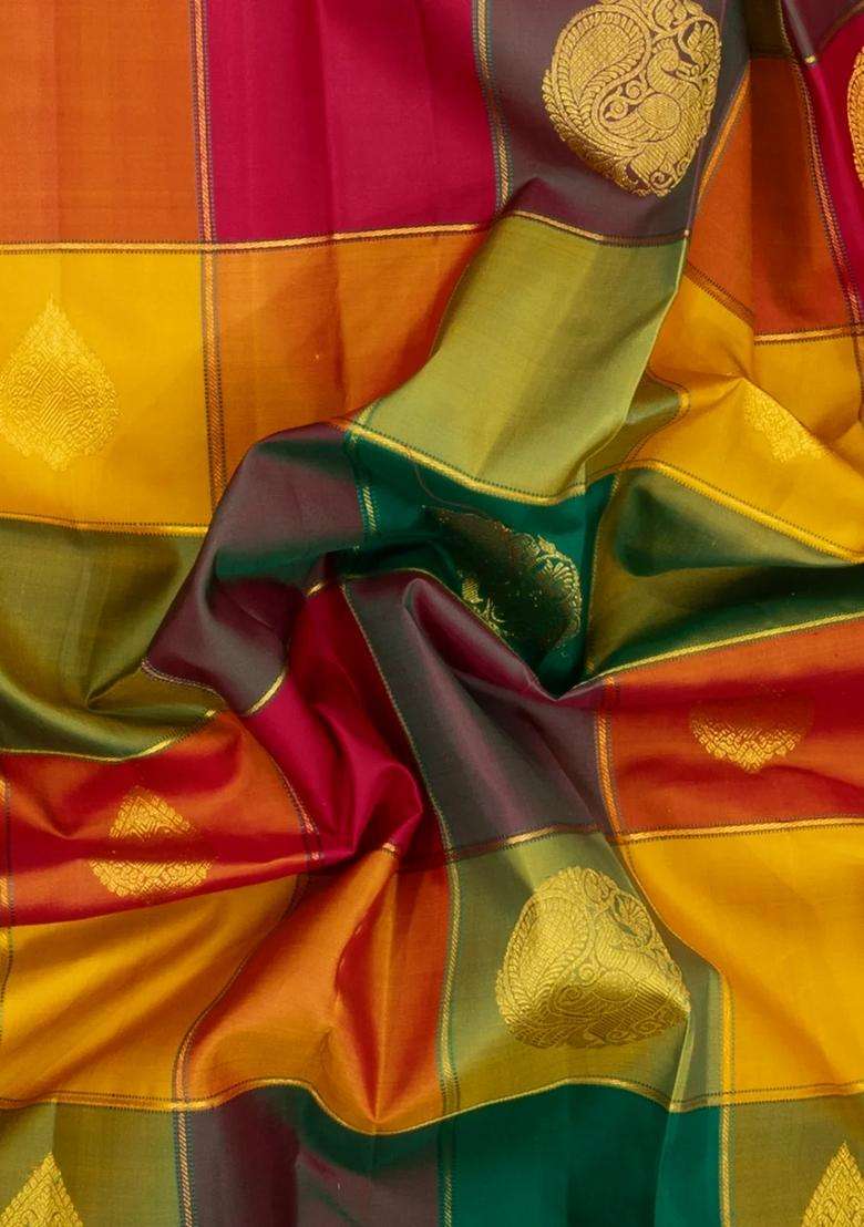 Multi Colour Handloom Kanchipuram Silk Saree With Checks Buttas With Buttas And Brocade Design For Women - Indya