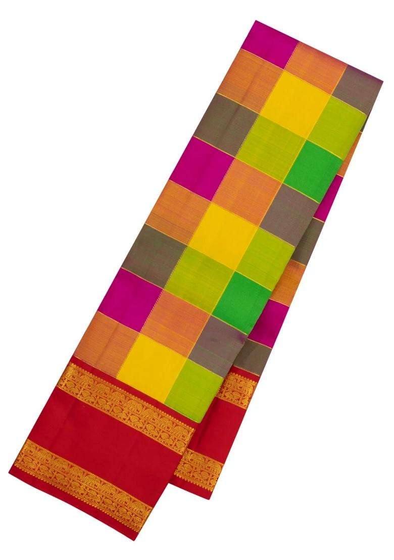 Multi Colour Handloom Korvai Kanchipuram Silk Saree With Checks With Korvai And Temple Border Design For Women - Indya