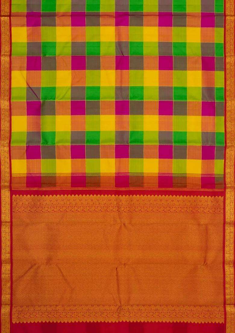 Multi Colour Handloom Korvai Kanchipuram Silk Saree With Checks With Korvai And Temple Border Design For Women - Indya