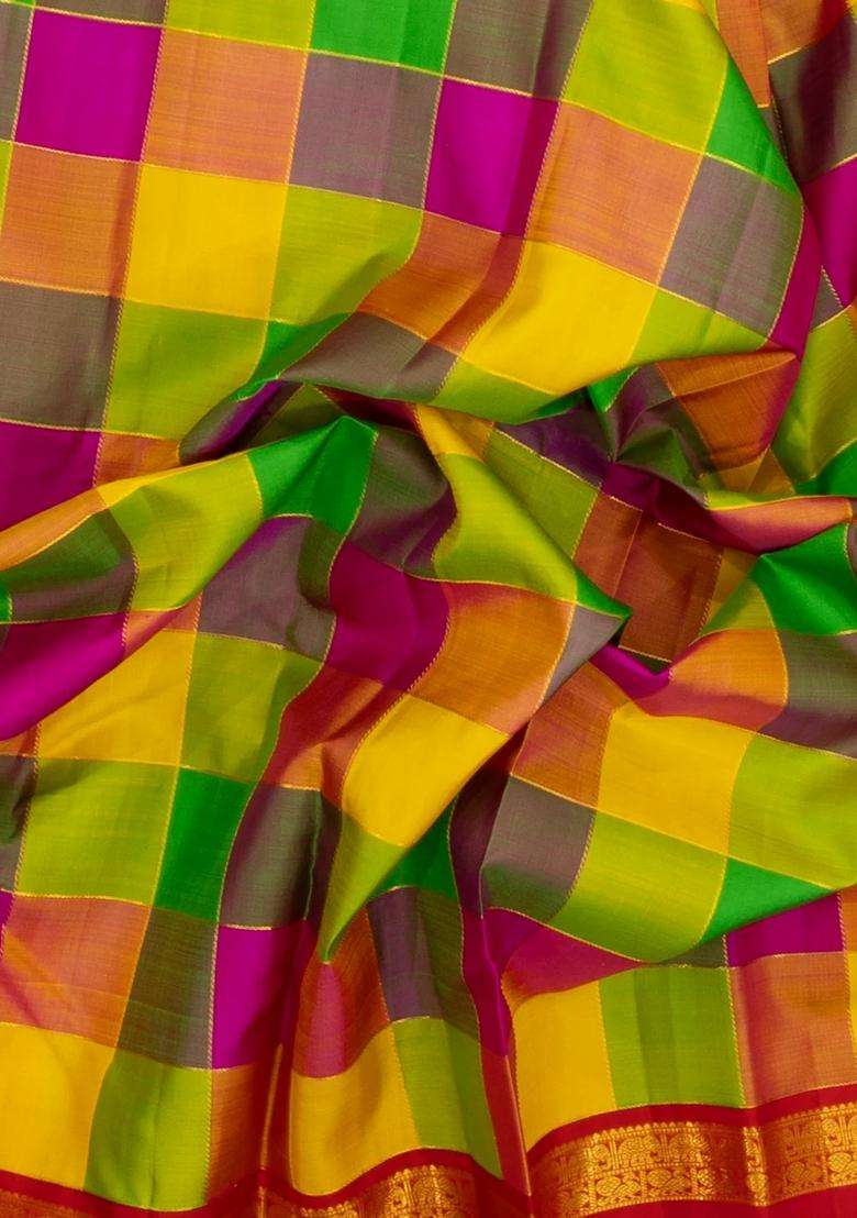 Multi Colour Handloom Korvai Kanchipuram Silk Saree With Checks With Korvai And Temple Border Design For Women - Indya