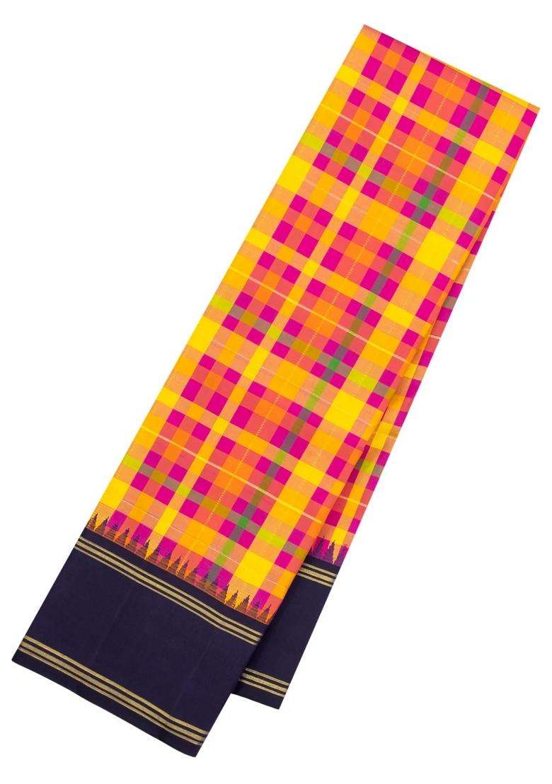 Multi Colour Handloom Korvai Kanchipuram Silk Saree With Checks With Korvai And Temple Border Design For Women - Indya