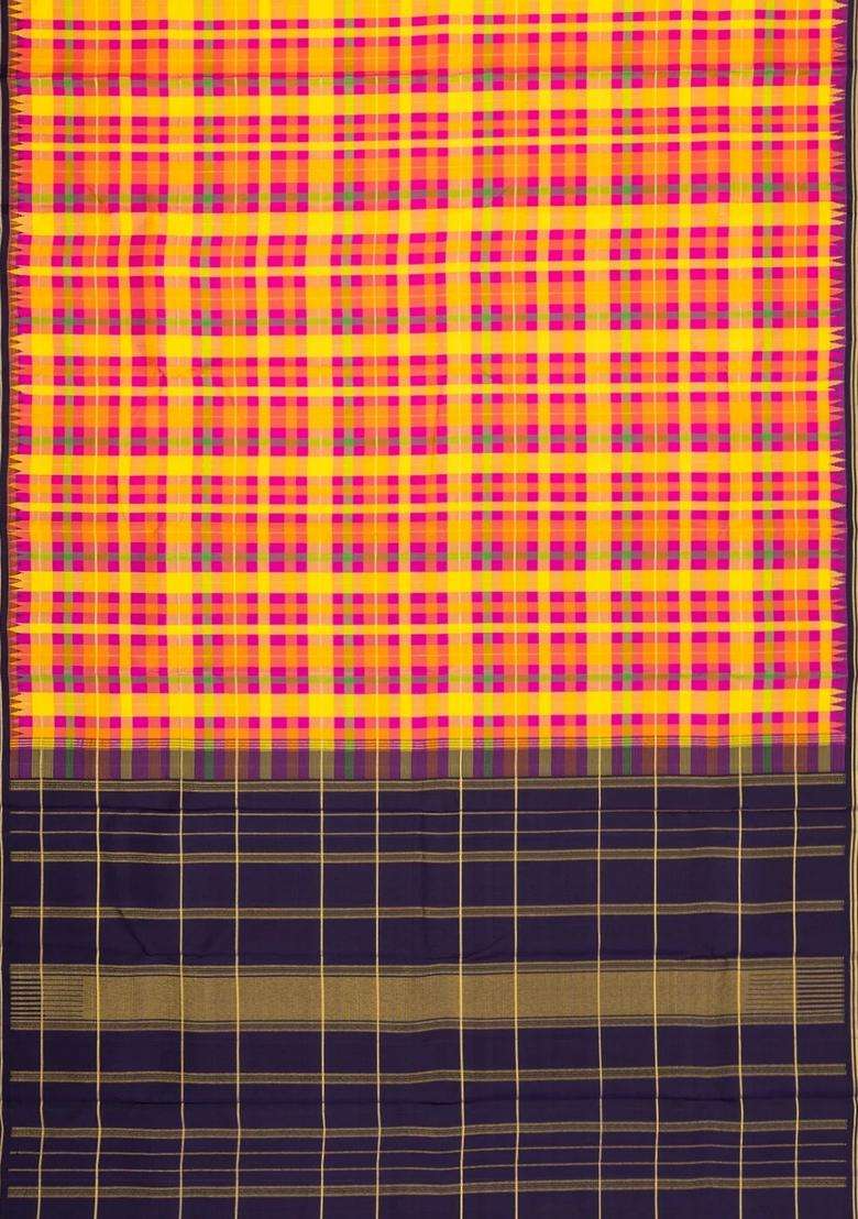 Multi Colour Handloom Korvai Kanchipuram Silk Saree With Checks With Korvai And Temple Border Design For Women - Indya