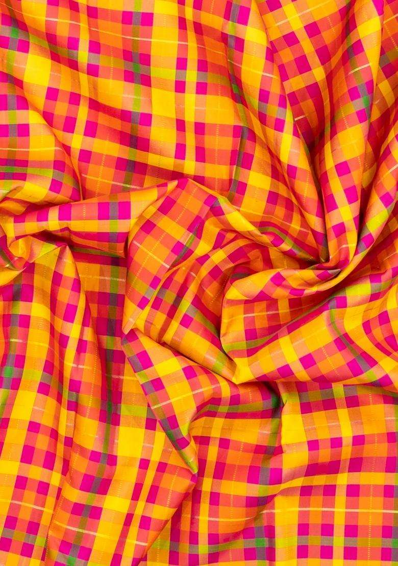 Multi Colour Handloom Korvai Kanchipuram Silk Saree With Checks With Korvai And Temple Border Design For Women - Indya