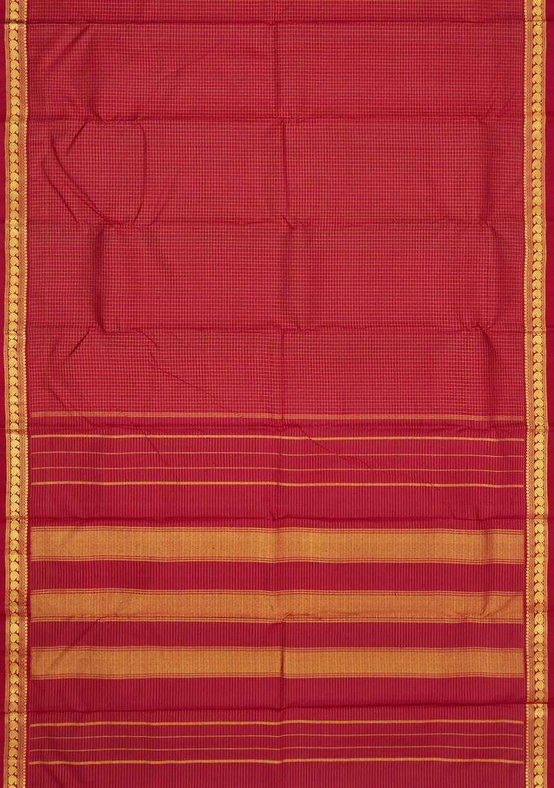 Crimson Handloom Kanchipuram Silk Saree With Zari Checks With Checks And Stripes Design For Women - Indya