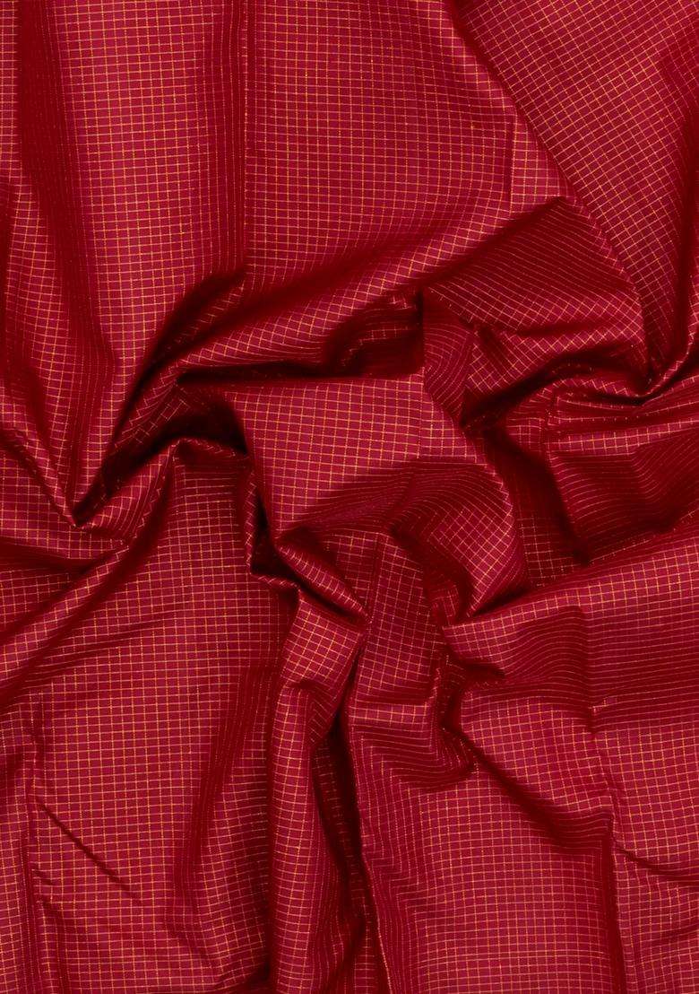 Crimson Handloom Kanchipuram Silk Saree With Zari Checks With Checks And Stripes Design For Women - Indya