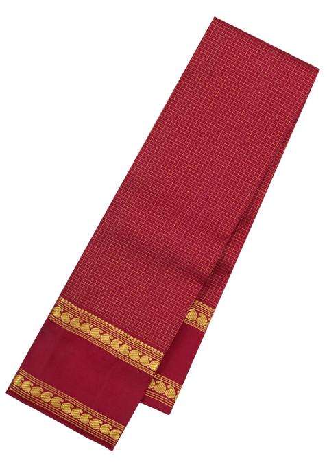 Crimson Handloom Kanchipuram Silk Saree With Zari Checks With Checks And Stripes Design For Women