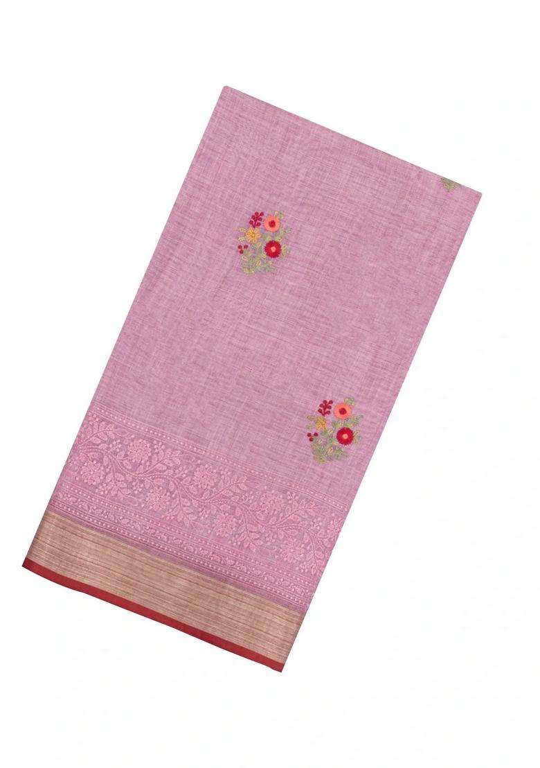 Dusty Pink Embroidered Linen Saree With Floral Motifs For Women - Indya