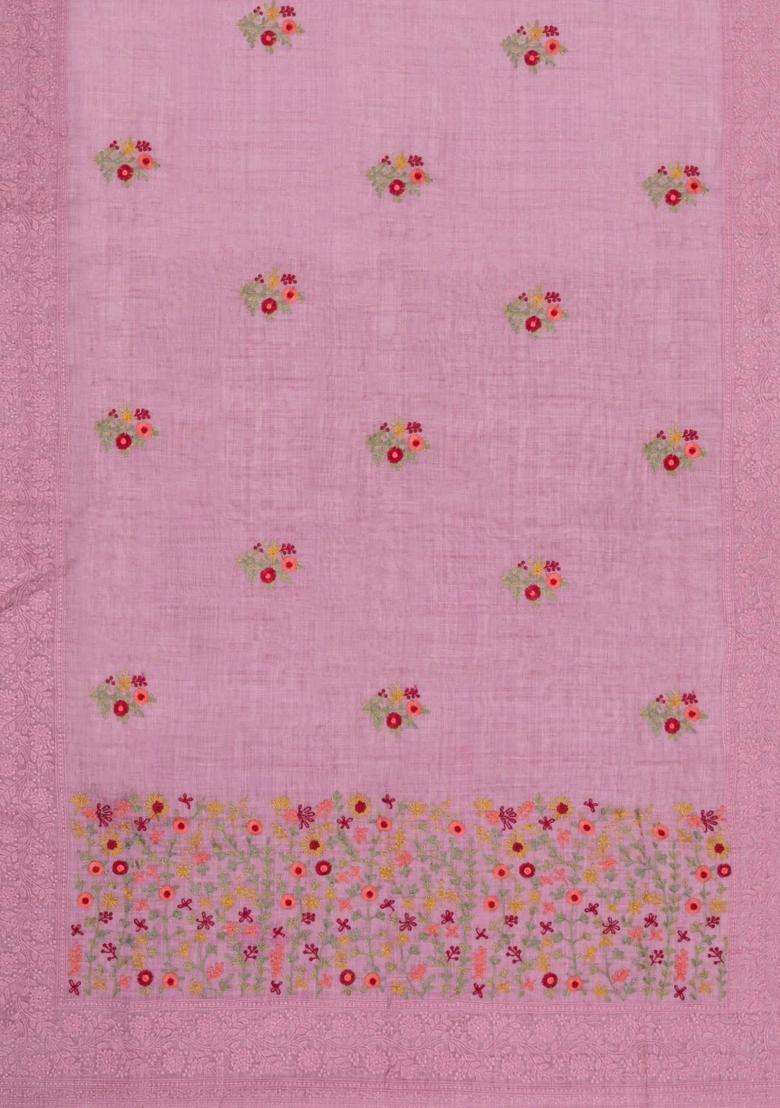 Dusty Pink Embroidered Linen Saree With Floral Motifs For Women - Indya