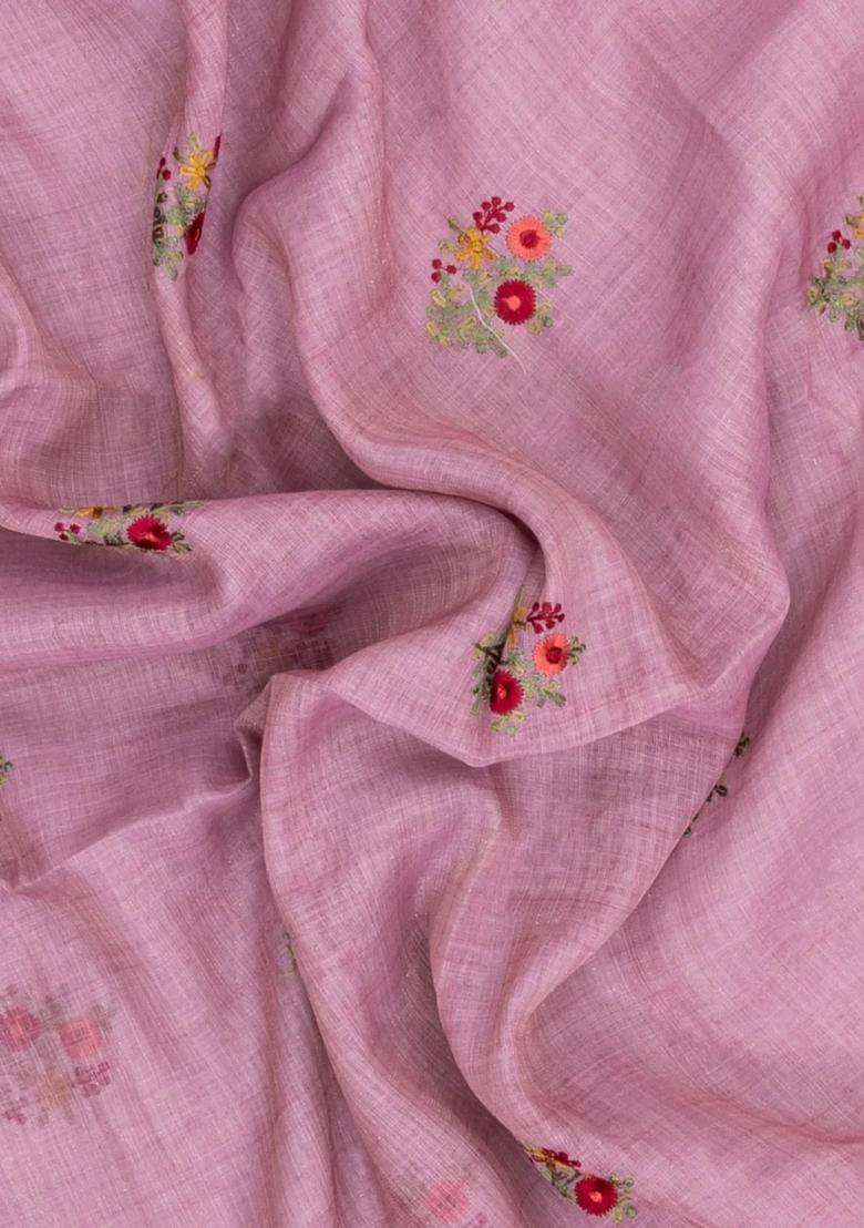 Dusty Pink Embroidered Linen Saree With Floral Motifs For Women - Indya