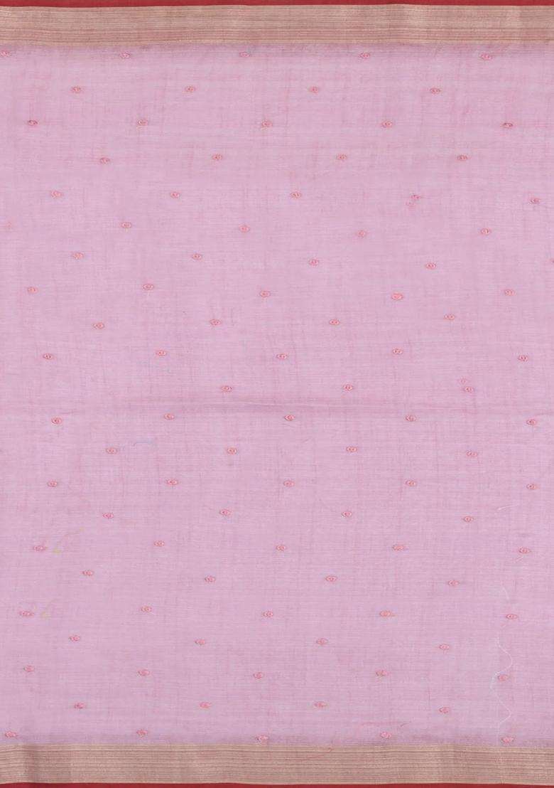 Dusty Pink Embroidered Linen Saree With Floral Motifs For Women - Indya