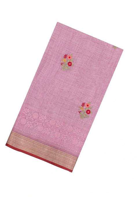 Dusty Pink Embroidered Linen Saree With Floral Motifs For Women
