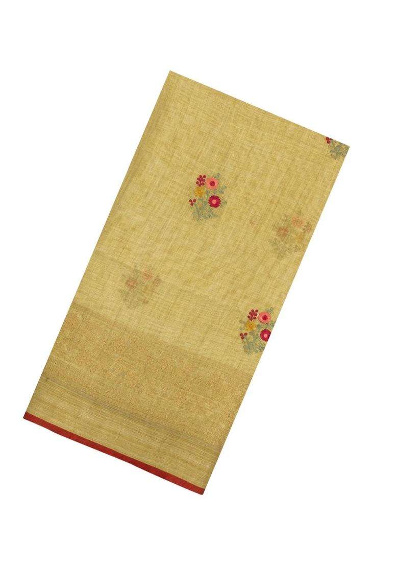 Mustard Embroidered Linen Saree With Floral Motifs For Women - Indya
