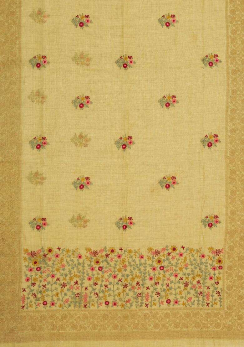 Mustard Embroidered Linen Saree With Floral Motifs For Women - Indya