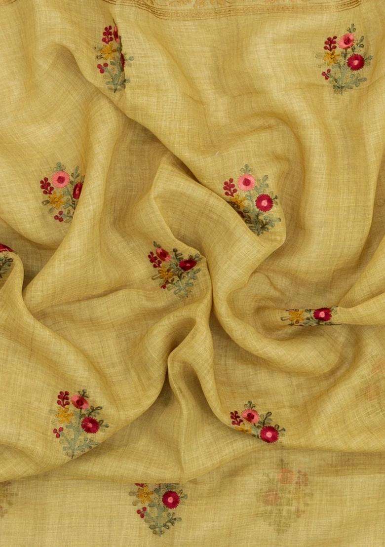 Mustard Embroidered Linen Saree With Floral Motifs For Women - Indya