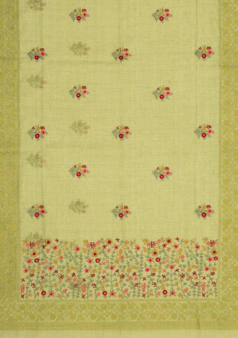 Cardamom Green Embroidered Linen Saree With Floral Motifs For Women - Indya