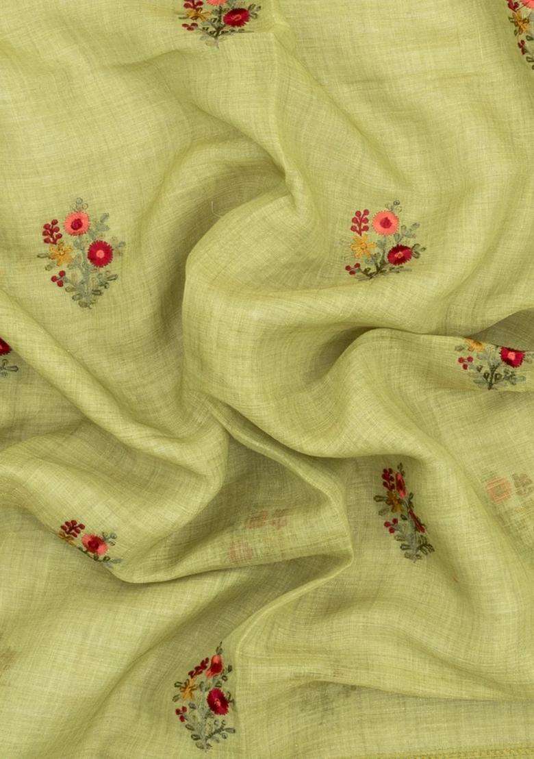 Cardamom Green Embroidered Linen Saree With Floral Motifs For Women - Indya